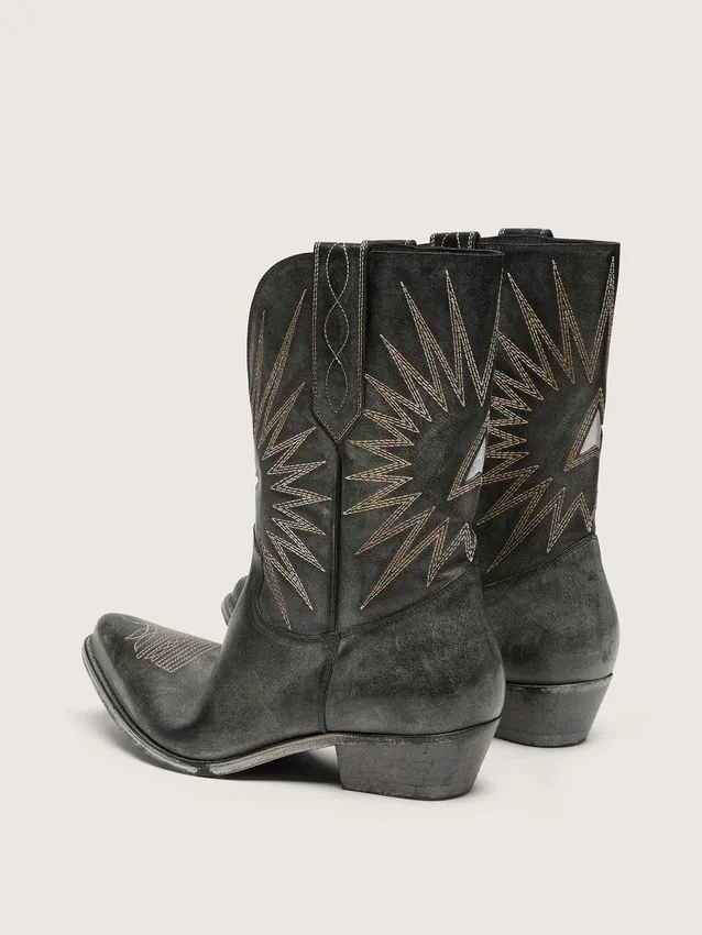 Botas Wish Star bajas para hombre en cuero negro con estrella plateada