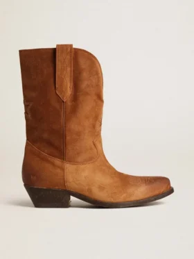 Botas Wish Star de caña baja en gamuza color coñac con estrella incrustada
