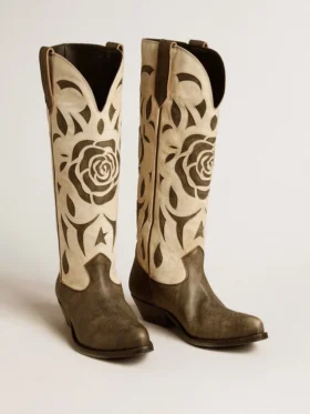 Botas Wish Star en cuero blanco y negro con incrustaciones de rosas y estrellas