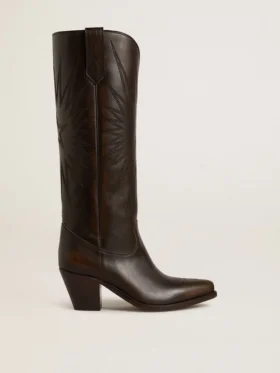 Botas Wish Star en cuero marrón oscuro con estrella bordada tono sobre tono