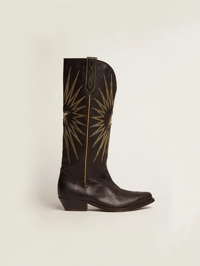 Botas Wish Star en cuero negro con estrella incrustada de cuero laminado platino