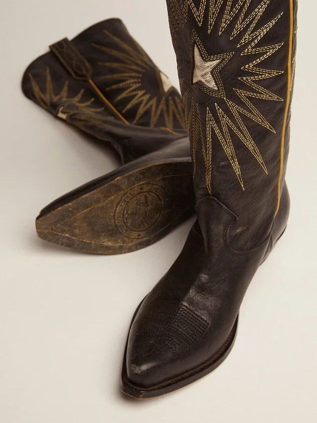 Botas Wish Star en cuero negro con estrella incrustada de cuero laminado platino
