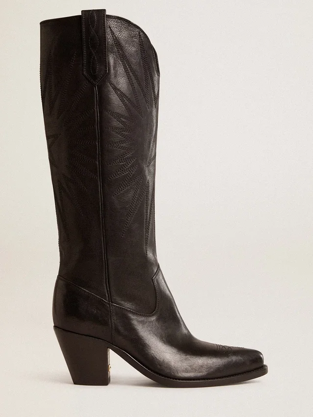 Botas Wish Star para mujer en cuero negro con estrella bordada