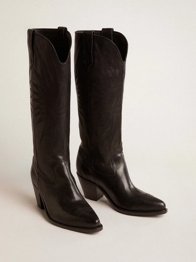 Botas Wish Star para mujer en cuero negro con estrella bordada