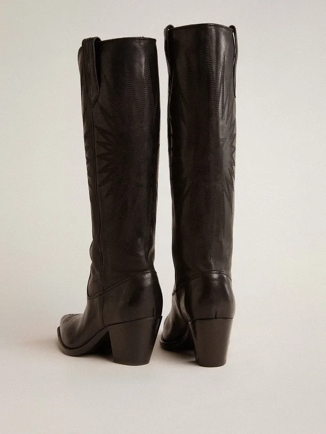 Botas Wish Star para mujer en cuero negro con estrella bordada