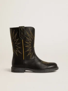 Botas Wish Teen de cuero negro con estrella bordada en amarillo
