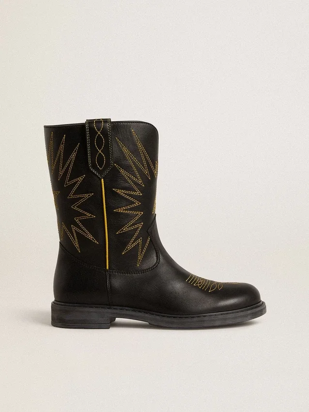 Botas Wish Teen de cuero negro con estrella bordada en amarillo