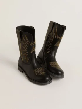 Botas Wish Teen de cuero negro con estrella bordada en amarillo