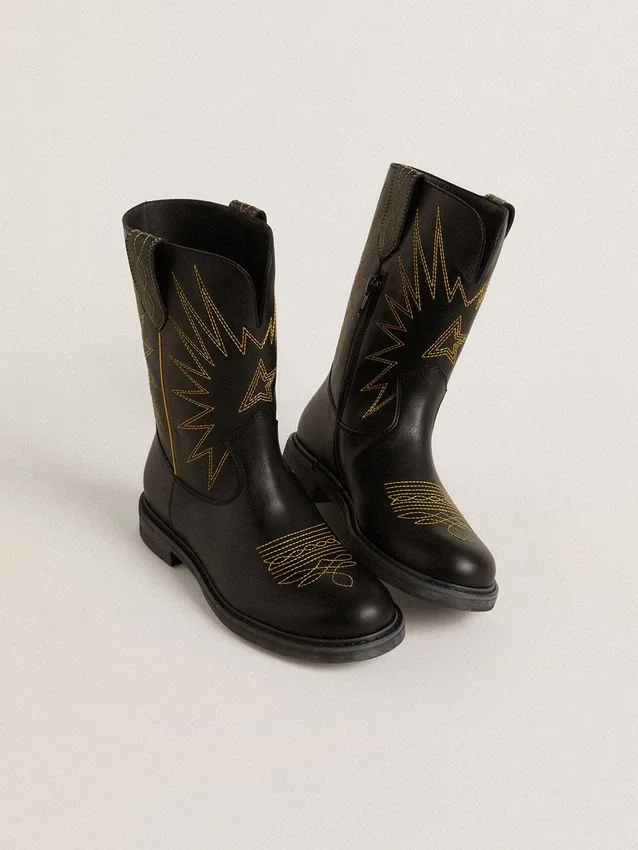 Botas Wish Teen de cuero negro con estrella bordada en amarillo