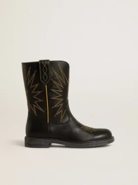 Botas Wish Young de cuero negro con bordado de estrella amarilla