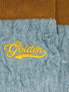 Calcetines acanalados de color azul claro con detalles en marrón y logotipo amarillo