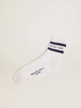 Calcetines de algodón con acabados desgastados, rayas azules y logotipo