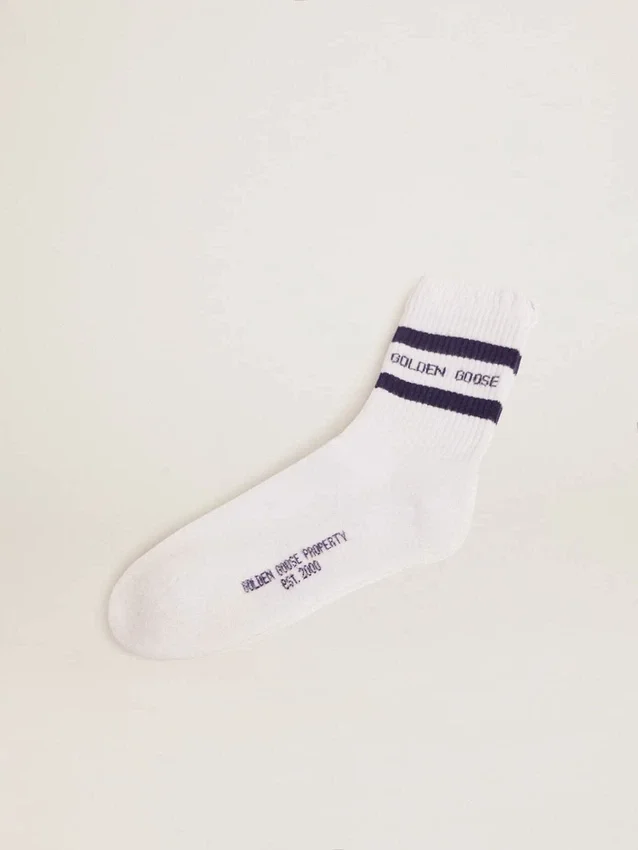 Calcetines de algodón con acabados desgastados, rayas azules y logotipo