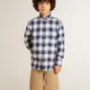Camisa a cuadros azules y blancos para niños con estampado en la espalda