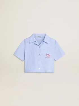 Camisa corta para niñas de algodón a rayas azul claro