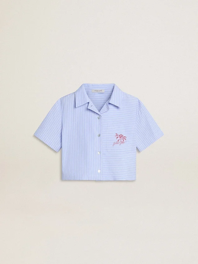 Camisa corta para niñas de algodón a rayas azul claro