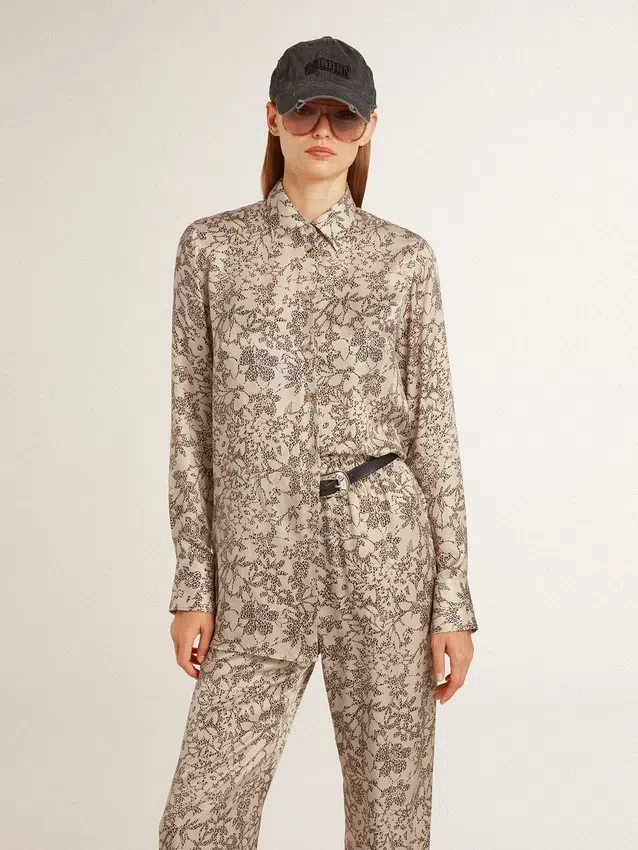 Camisa de pijama para mujer de mezcla de seda con estampado floral