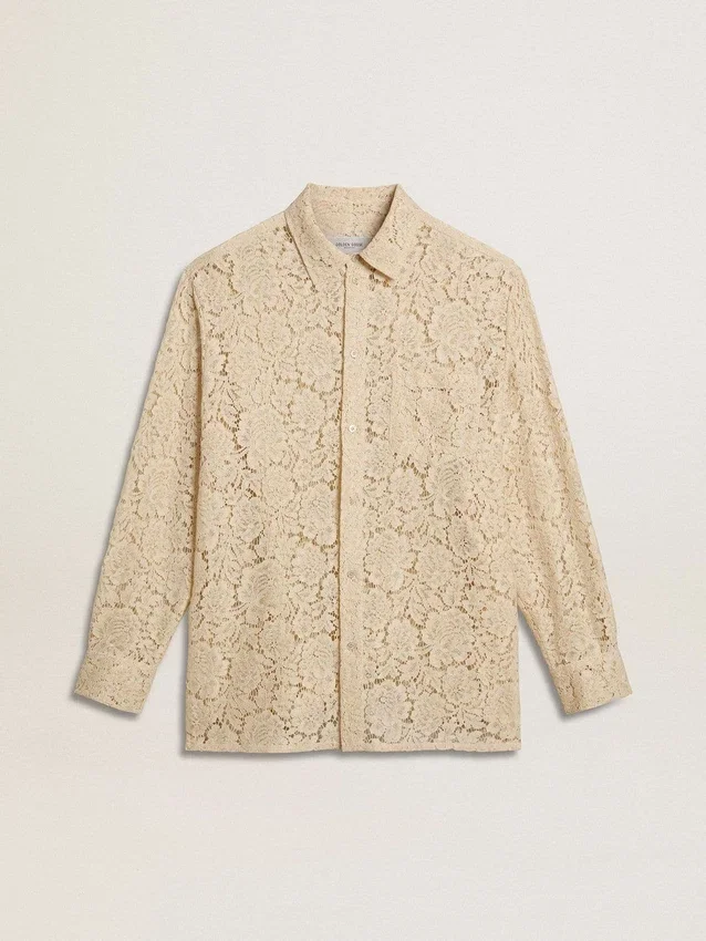 Camisa oversize de encaje transparente color crema