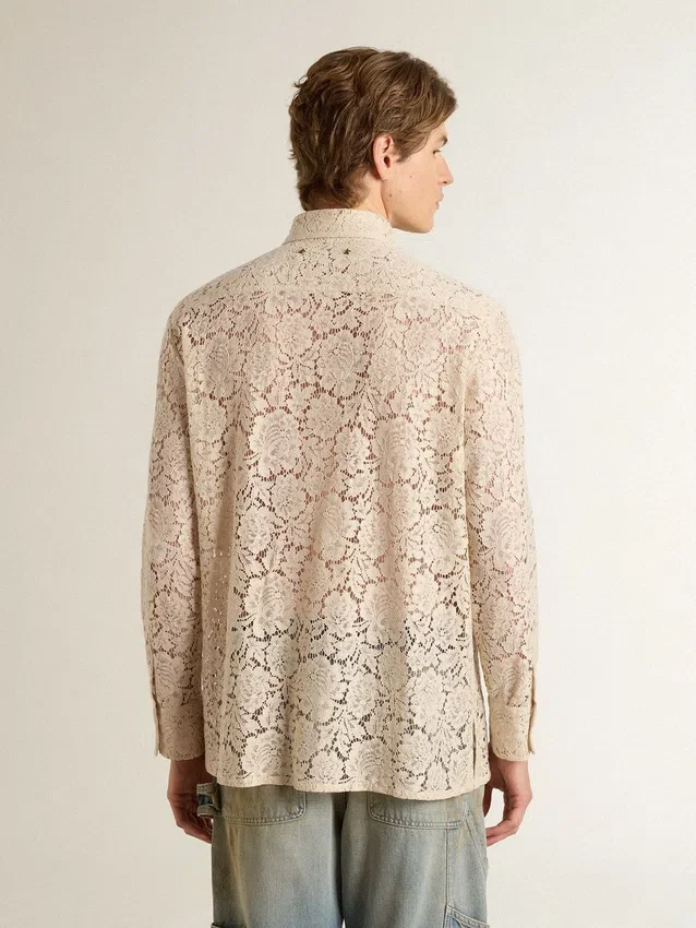 Camisa oversize de encaje transparente color crema