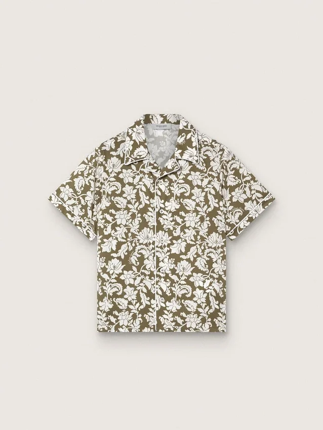 Camisa para niños «Journey» de lona de algodón con estampado floral verde y blanco