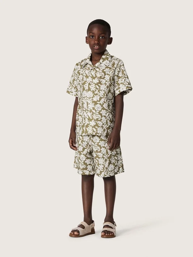 Camisa para niños «Journey» de lona de algodón con estampado floral verde y blanco