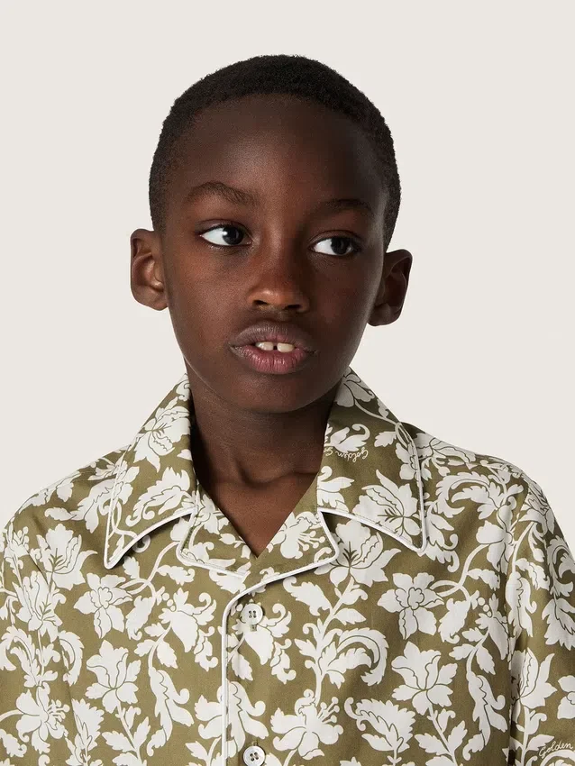 Camisa para niños «Journey» de lona de algodón con estampado floral verde y blanco