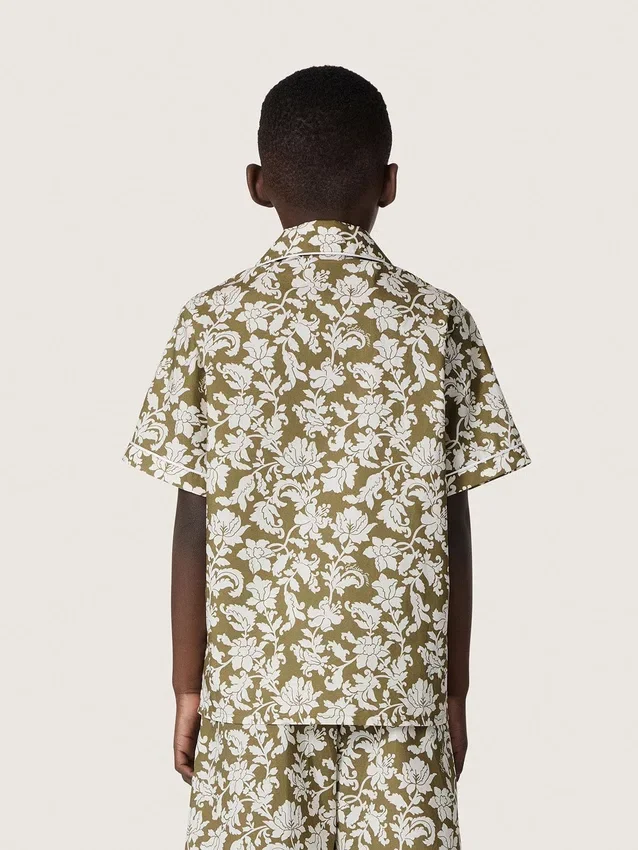 Camisa para niños «Journey» de lona de algodón con estampado floral verde y blanco