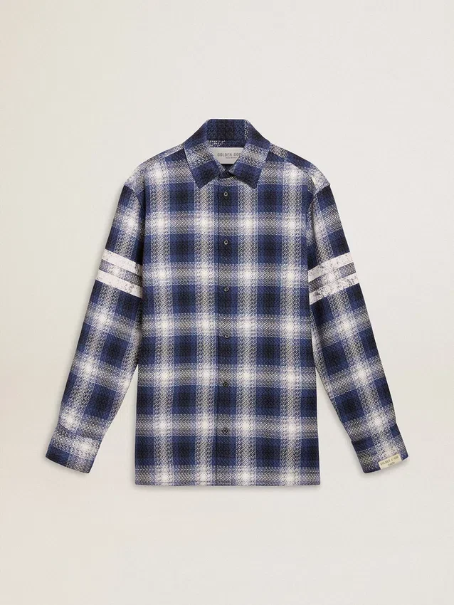 Camisas azules de hombre con diseño de cuadros 3D y estampado en la espalda