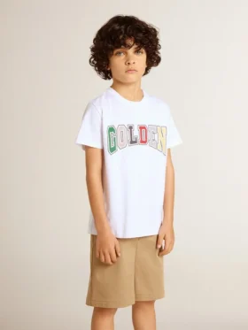 Camisas blancas para niños con estampado dorado multicolor