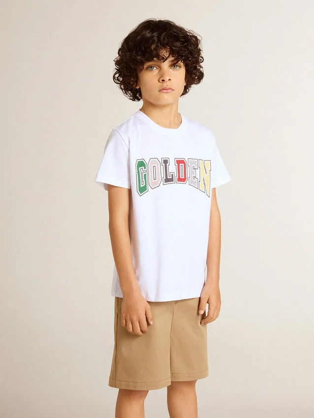 Camisas blancas para niños con estampado dorado multicolor