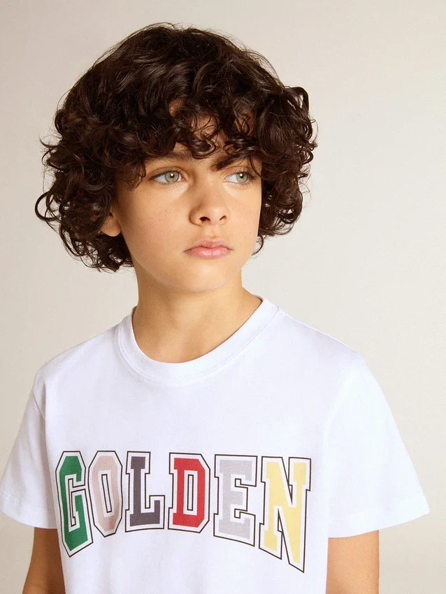 Camisas blancas para niños con estampado dorado multicolor