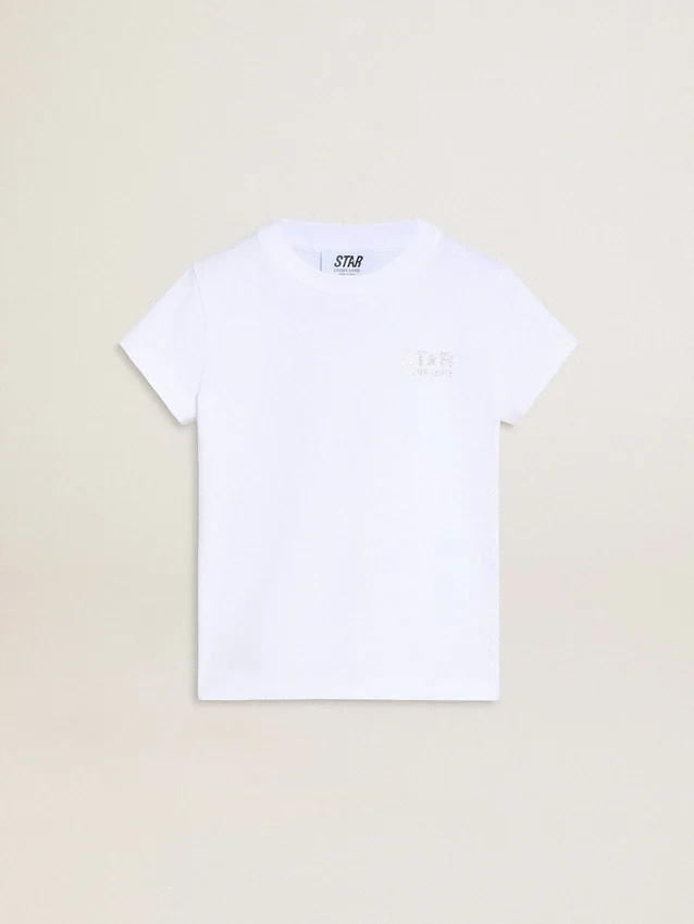 Camisas blancas y plateadas con logotipo y estrella grande en purpurina plateada