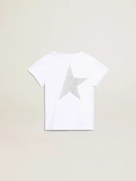 Camisas blancas y plateadas con logotipo y estrella grande en purpurina plateada