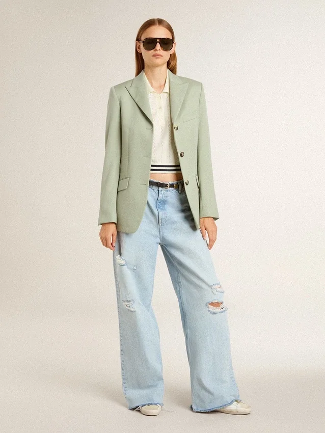 Camisas cortas de algodón blanco desgastado para mujer con ribetes azules