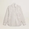 Camisas de algodón blancas para hombre con finas rayas color burdeos