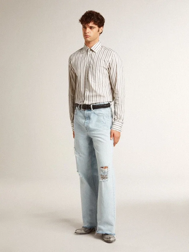 Camisas de algodón blancas para hombre con finas rayas color burdeos
