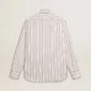 Camisas de algodón blancas para hombre con finas rayas color burdeos