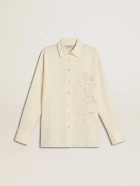 Camisas de algodón color crema para mujer con bordado floral