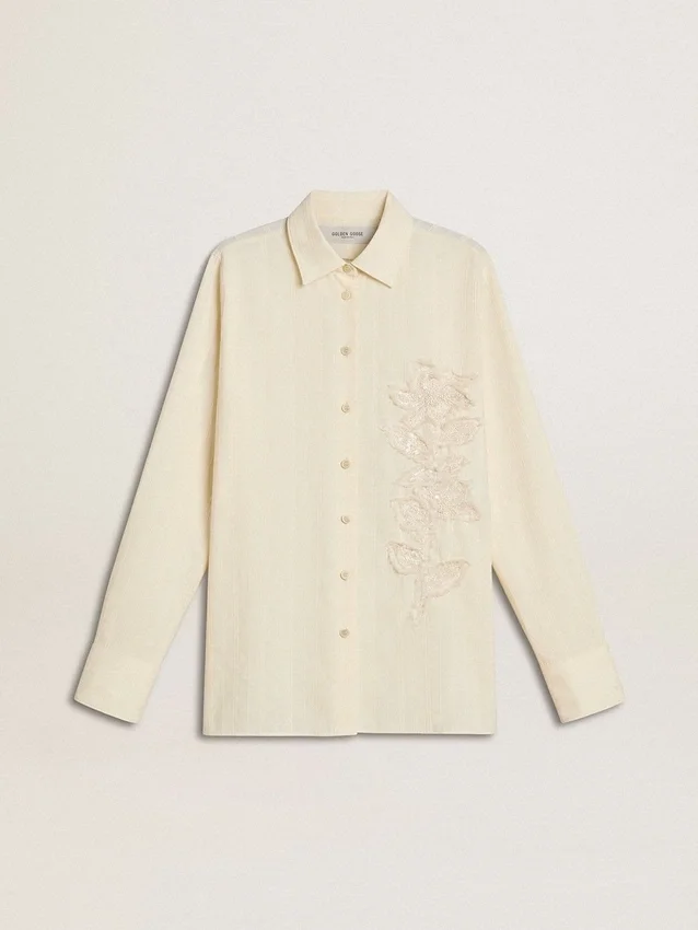 Camisas de algodón color crema para mujer con bordado floral