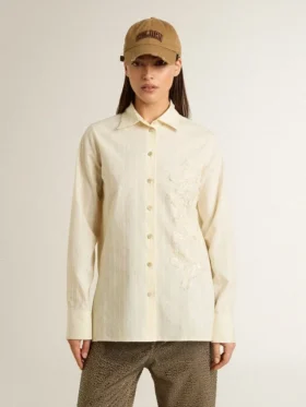Camisas de algodón color crema para mujer con bordado floral