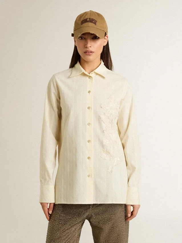Camisas de algodón color crema para mujer con bordado floral