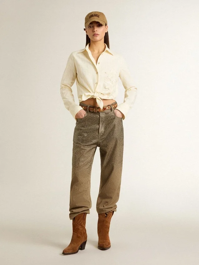 Camisas de algodón color crema para mujer con bordado floral