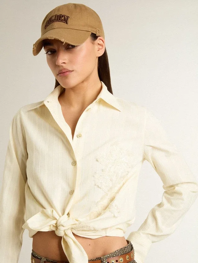 Camisas de algodón color crema para mujer con bordado floral
