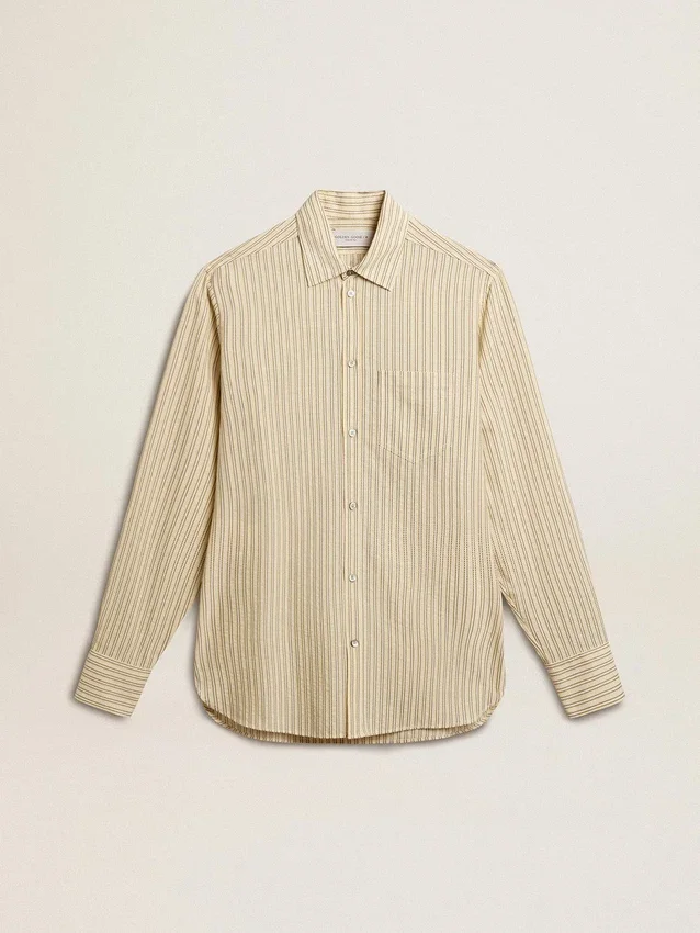 Camisas de algodón color crudo para hombre con rayas negras delgadas