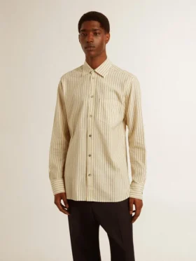 Camisas de algodón color crudo para hombre con rayas negras delgadas