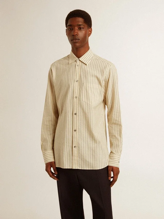 Camisas de algodón color crudo para hombre con rayas negras delgadas