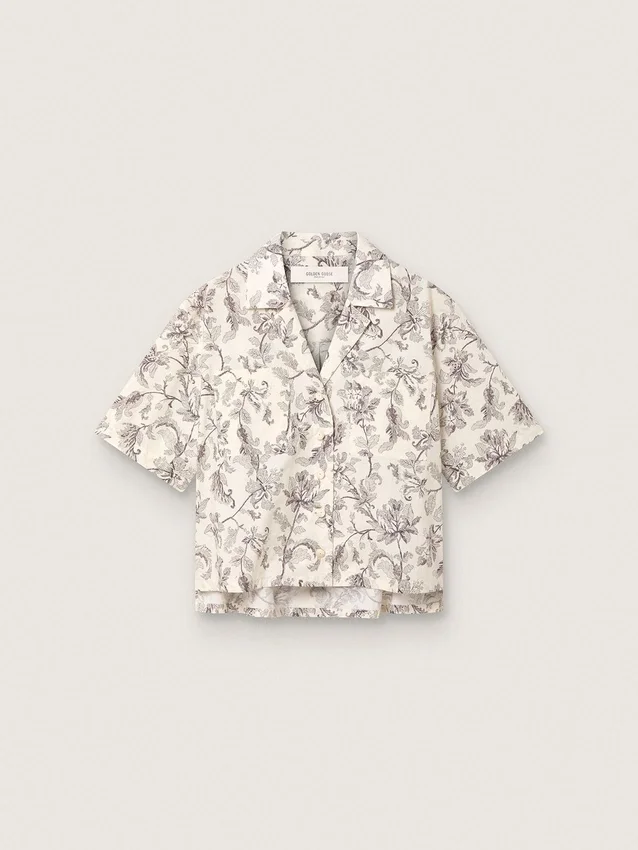 Camisas de algodón de corte recto para mujer con estampado floral en blanco y negro