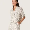 Camisas de algodón de corte recto para mujer con estampado floral en blanco y negro