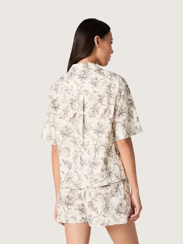 Camisas de algodón de corte recto para mujer con estampado floral en blanco y negro