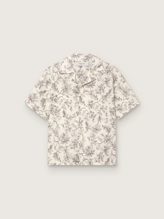 Camisas de algodón de manga corta para hombre con estampado floral en blanco y negro